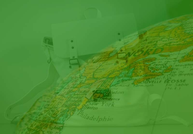 Chikara Houses Travel and Students coliving nothern america shown in a map and a student handbag  displayed with some opacity