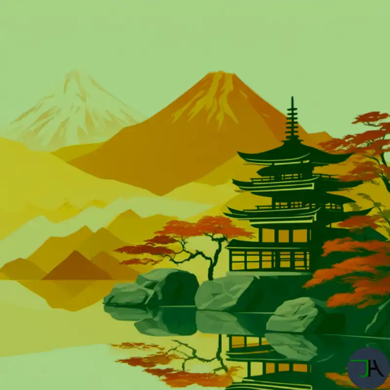 Dive into a world of serene and stylish living with Chikara Houses. Japanese House on the border of a pond with the Fuji volcano behind it and the nature having the color of Japanese Fall