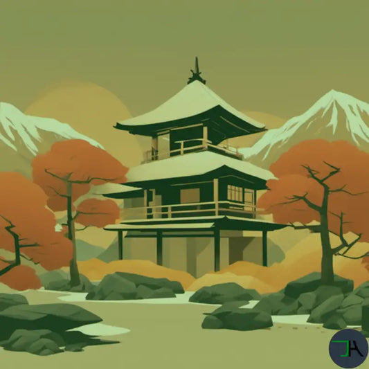 Embracing Sunday Chill with 'Yoru No Chikara'. Japanese house surrounded by mountains and along a river. The nature shows the amazing colors of Japanese Autumn