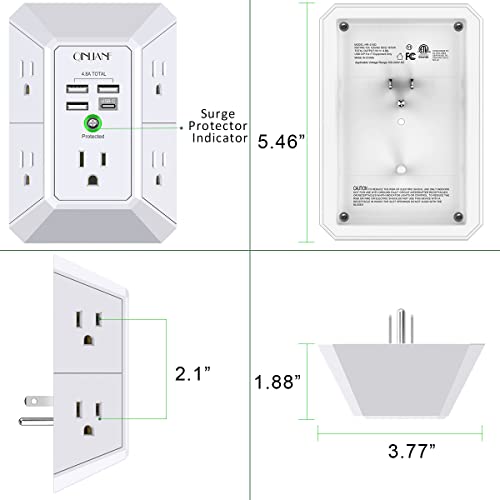 Wall Charger, Surge Protector, QINLIANF 5 Outlet Extender with 4 USB Charging Ports (4.8A Total) 3-Sided 1680J Power Strip Multi Plug Adapter Spaced for Home Travel Office (3U1C) details