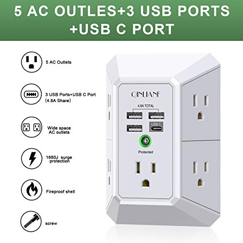 Wall Charger, Surge Protector, QINLIANF 5 Outlet Extender with 4 USB Charging Ports (4.8A Total) 3-Sided 1680J Power Strip Multi Plug Adapter Spaced for Home Travel Office (3U1C) ports