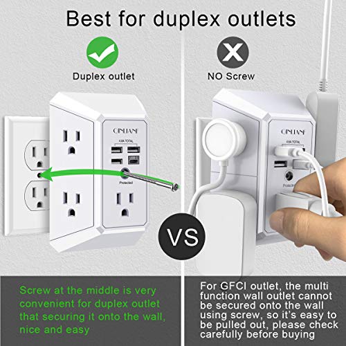 Wall Charger, Surge Protector, QINLIANF 5 Outlet Extender with 4 USB Charging Ports (4.8A Total) 3-Sided 1680J Power Strip Multi Plug Adapter Spaced for Home Travel Office (3U1C) safe