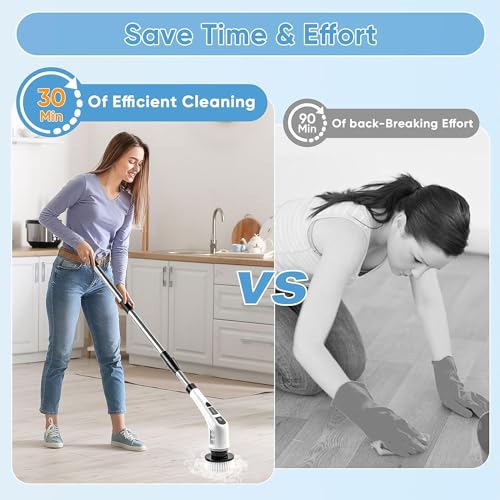 Electric Spin Scrubber, 400 RPM Electric Bathroom Scrubber with 7 Replaceable Brush Heads, Power Spin Brush Scrubber with Extension Handle for Cleaning Bathroom Tub Tile Floor easy cleaning