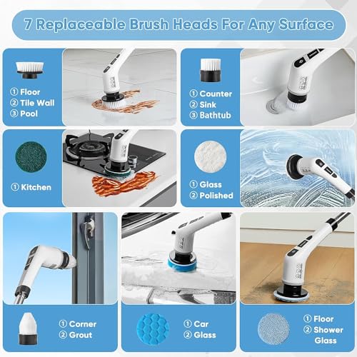 Electric Spin Scrubber, 400 RPM Electric Bathroom Scrubber with 7 Replaceable Brush Heads, Power Spin Brush Scrubber with Extension Handle for Cleaning Bathroom Tub Tile Floor details