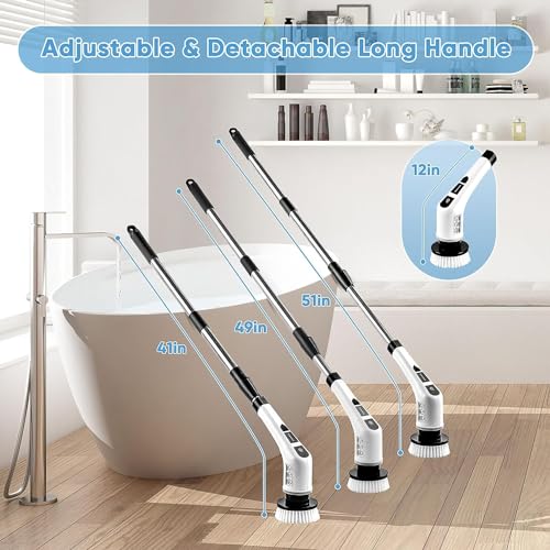 Electric Spin Scrubber, 400 RPM Electric Bathroom Scrubber with 7 Replaceable Brush Heads, Power Spin Brush Scrubber with Extension Handle for Cleaning Bathroom Tub Tile Floor sizes
