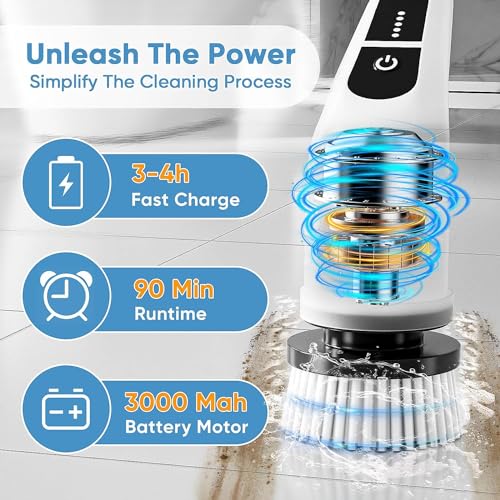 Electric Spin Scrubber, 400 RPM Electric Bathroom Scrubber with 7 Replaceable Brush Heads, Power Spin Brush Scrubber with Extension Handle for Cleaning Bathroom Tub Tile Floor tech