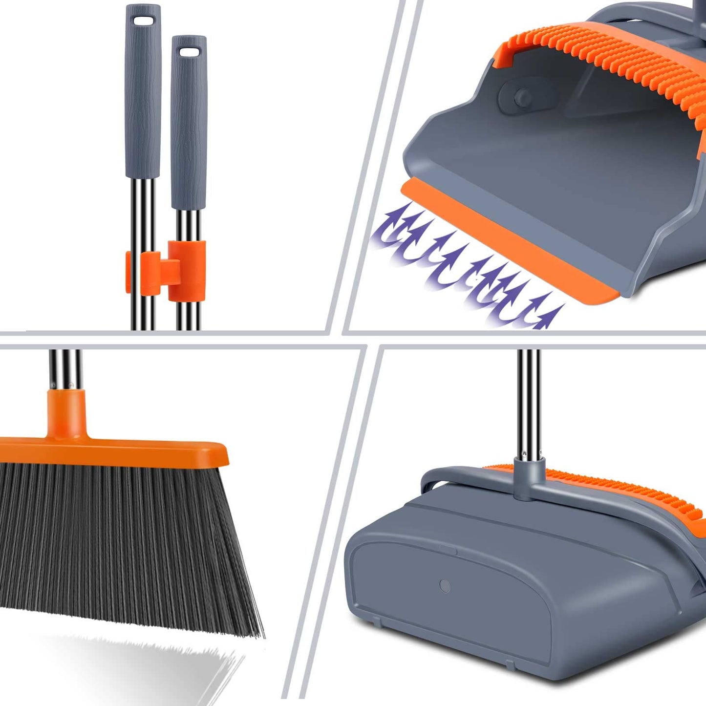 Upgrade Broom and Dustpan Set, Self-Cleaning with Dustpan Teeth, Indoor&Outdoor Sweeping, Ideal for Dog Cat Pets Home Use, Stand Up Broom and Dustpan (Gray&Orange) tech