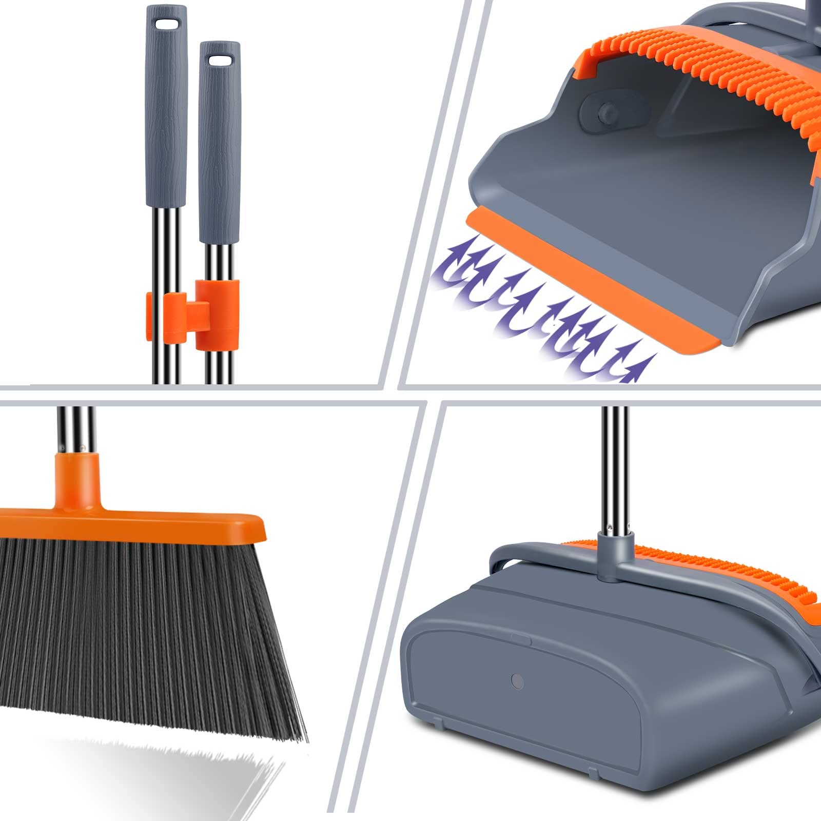 Upgrade Broom and Dustpan Set, Self-Cleaning with Dustpan Teeth, Indoor&Outdoor Sweeping, Ideal for Dog Cat Pets Home Use, Stand Up Broom and Dustpan (Gray&Orange) tech