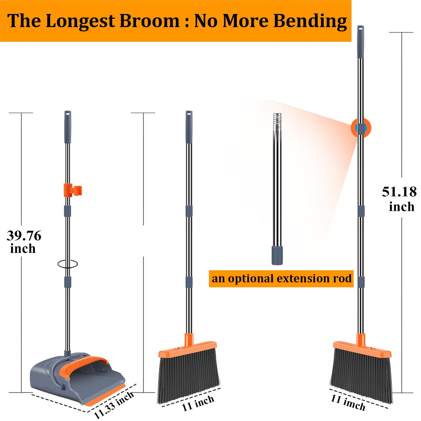 Upgrade Broom and Dustpan Set, Self-Cleaning with Dustpan Teeth, Indoor&Outdoor Sweeping, Ideal for Dog Cat Pets Home Use, Stand Up Broom and Dustpan (Gray&Orange) size