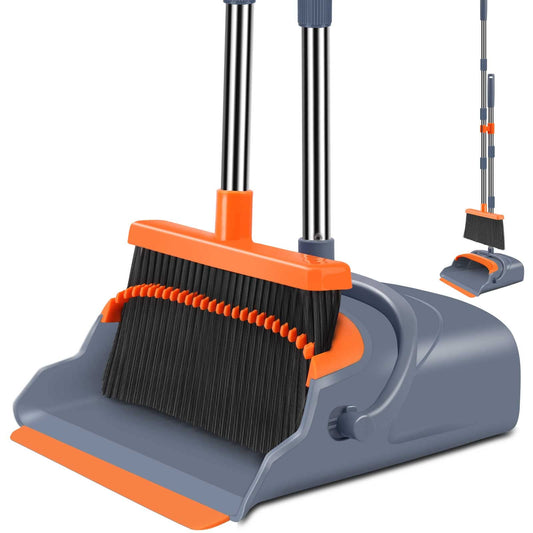 Upgrade Broom and Dustpan Set, Self-Cleaning with Dustpan Teeth, Indoor&Outdoor Sweeping, Ideal for Dog Cat Pets Home Use, Stand Up Broom and Dustpan (Gray&Orange) zoom
