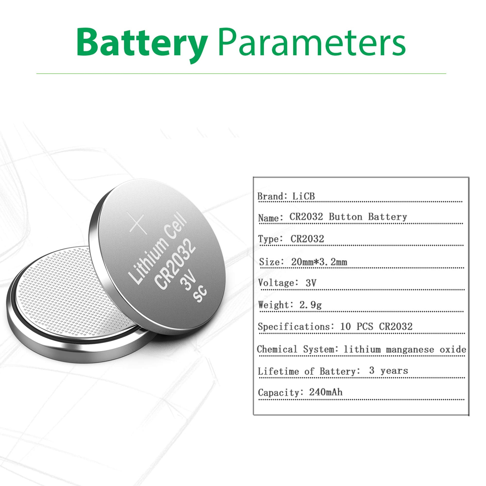 LiCB CR2032 3V Lithium Battery 10-Pack parameters