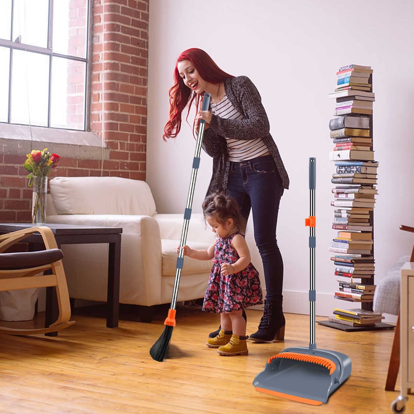 Upgrade Broom and Dustpan Set, Self-Cleaning with Dustpan Teeth, Indoor&Outdoor Sweeping, Ideal for Dog Cat Pets Home Use, Stand Up Broom and Dustpan (Gray&Orange) family