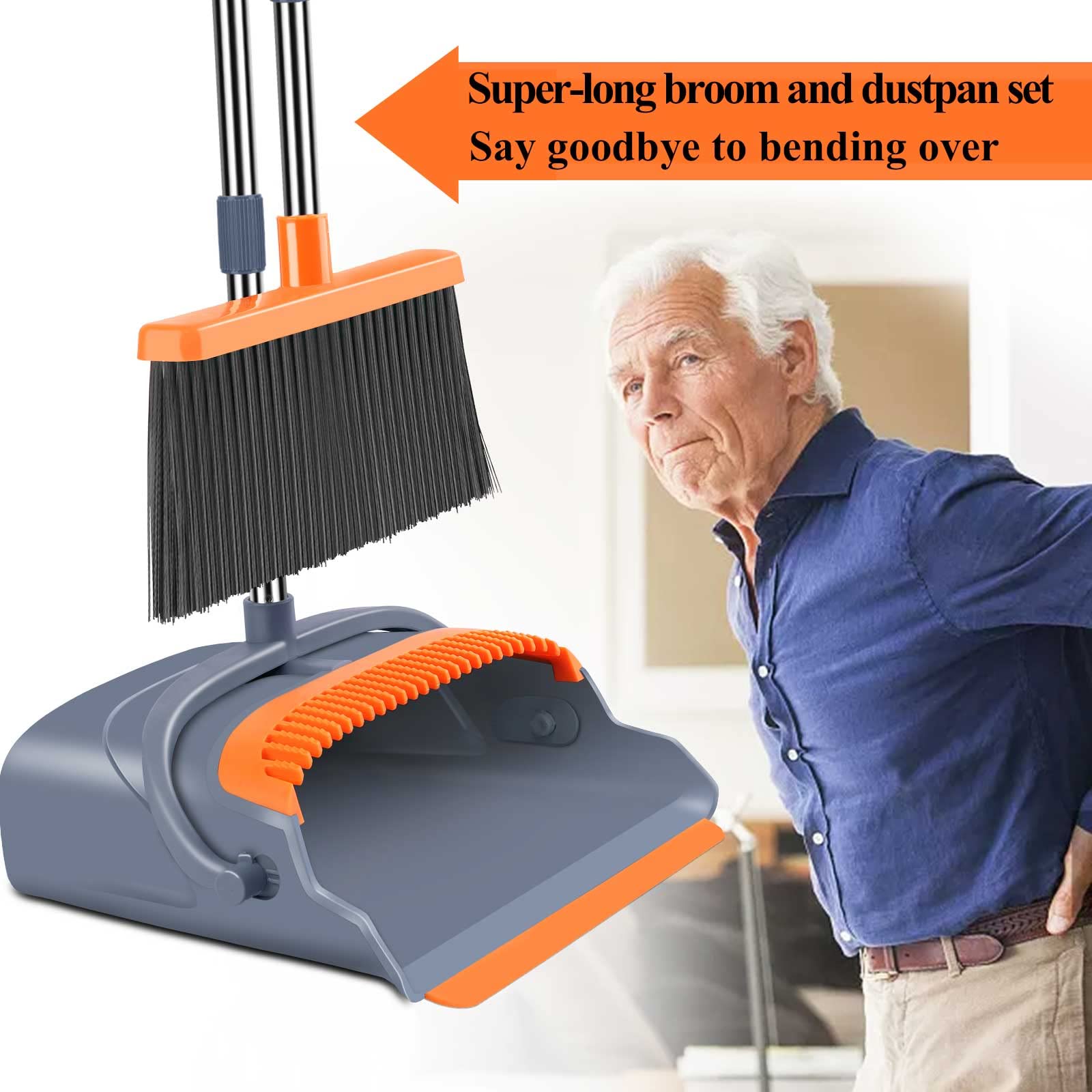 Upgrade Broom and Dustpan Set, Self-Cleaning with Dustpan Teeth, Indoor&Outdoor Sweeping, Ideal for Dog Cat Pets Home Use, Stand Up Broom and Dustpan (Gray&Orange) old