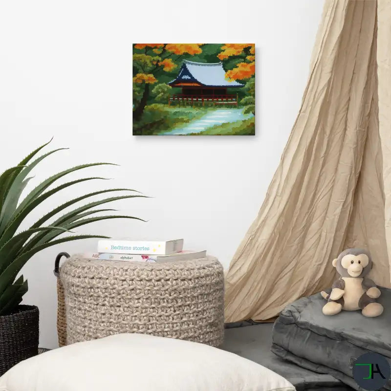 Tranquility and Autumn Splendor with our Japanese Stilt Mountain House Canvas 12x16