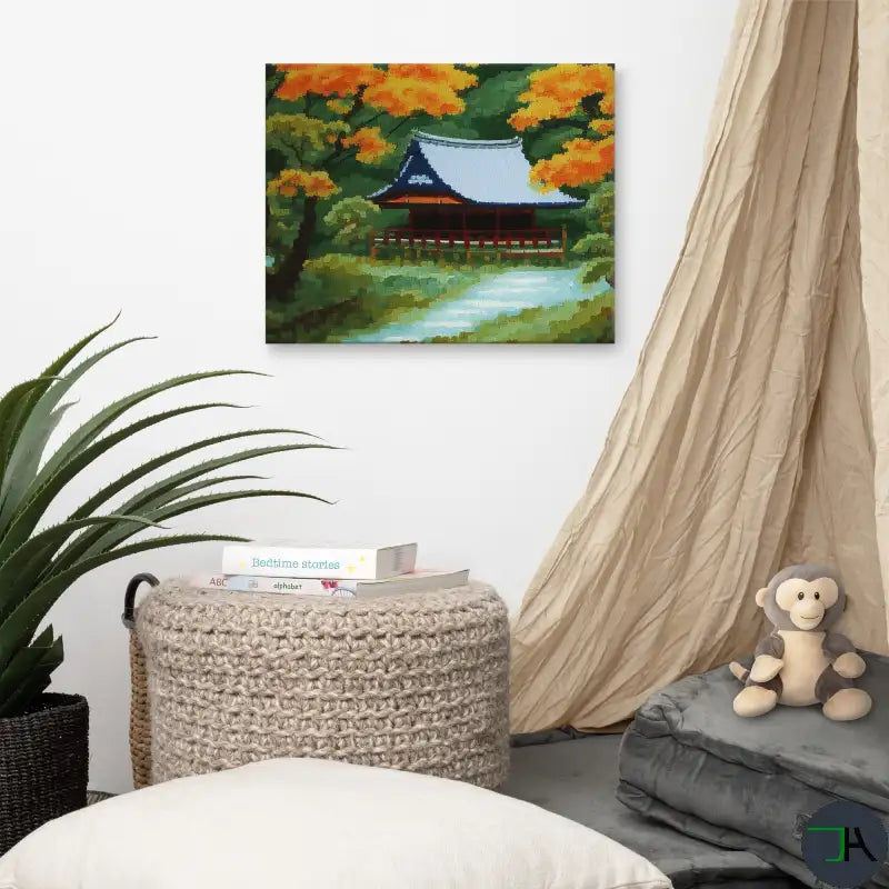 Tranquility and Autumn Splendor with our Japanese Stilt Mountain House Canvas 16x20