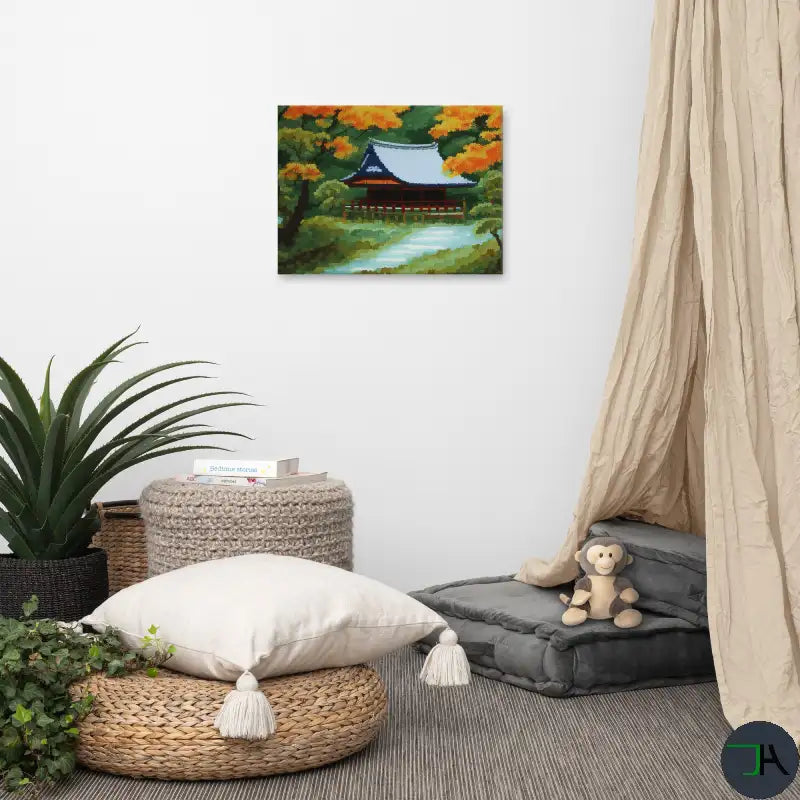 Tranquility and Autumn Splendor with our Japanese Stilt Mountain House Canvas 18x24