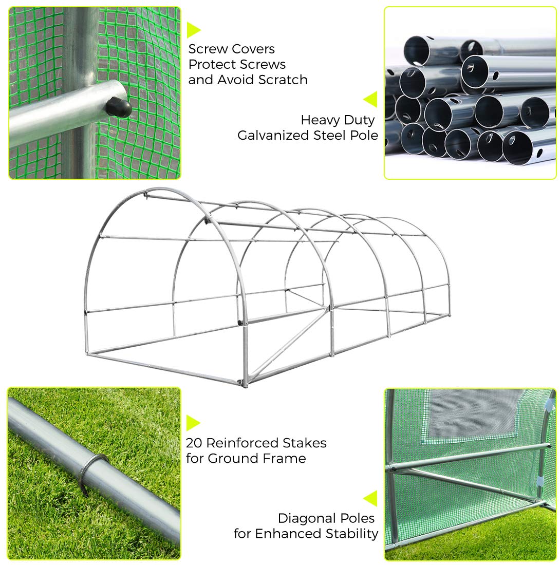 Portable Greenhouse 2 Zipper Mesh Doors 7 Crossbars Large Walk-in