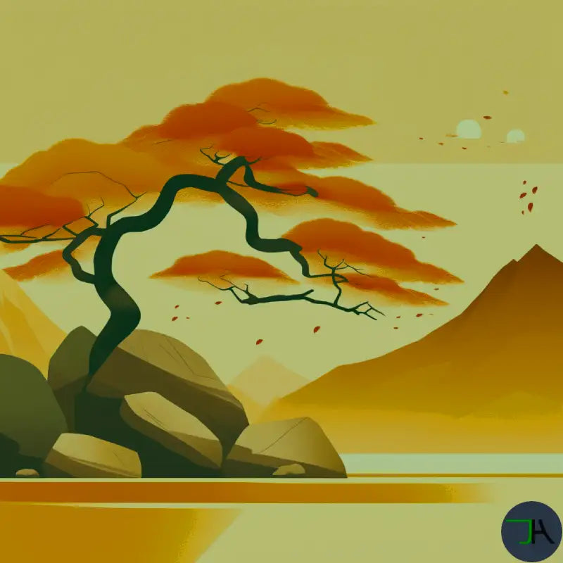 Balancing Comfort and Productivity in Home Offices with Chikara Houses - Japanese Poetry Fall Season Depicted with an image showing a tree on rocks along a lac with mountains in the background