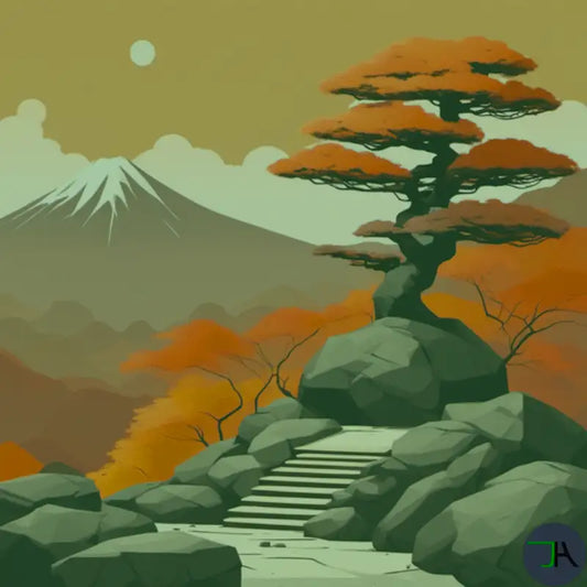 Bringing Tranquility Home with Japanese Stilt Mountain House Canvas - Japanese tree in the beautiful Japanese Fall Colors with the mount Fuji in the background