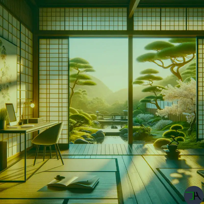 Chikara Houses Atmosphere Calm and Precious with evening light passing through the living room and view on Japanese Pine Trees