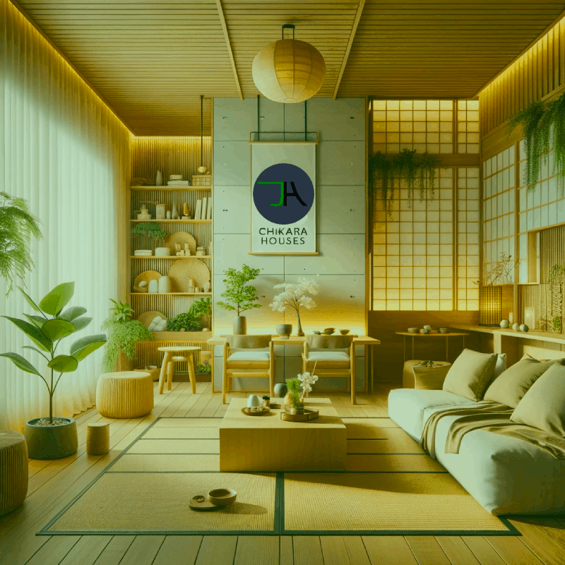 Exploring the Philosophy Behind Chikara Houses - Interior design with some Japanese inspiration and plants. Tatami in in the floor , very low level sofa and nice natural light entering the room