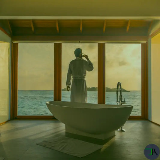 The Rise of Luxury Coliving: Elevating Shared Living to a New Level Chikara Houses Man looking at the horizong beach front from bathroom