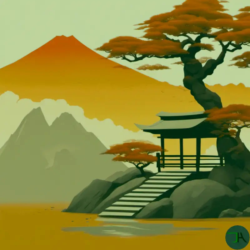 Japanese Fuji Mount in background with stairs along the sea and Japanese Zen rock for a balanced atmosphere having Autumn colors with a high Japanese tree- Chikara Houses