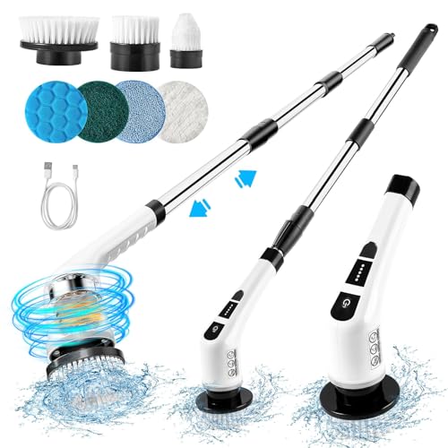 Electric Spin Scrubber, 400 RPM Electric Bathroom Scrubber with 7 Replaceable Brush Heads, Power Spin Brush Scrubber with Extension Handle for Cleaning Bathroom Tub Tile Floor presentqation