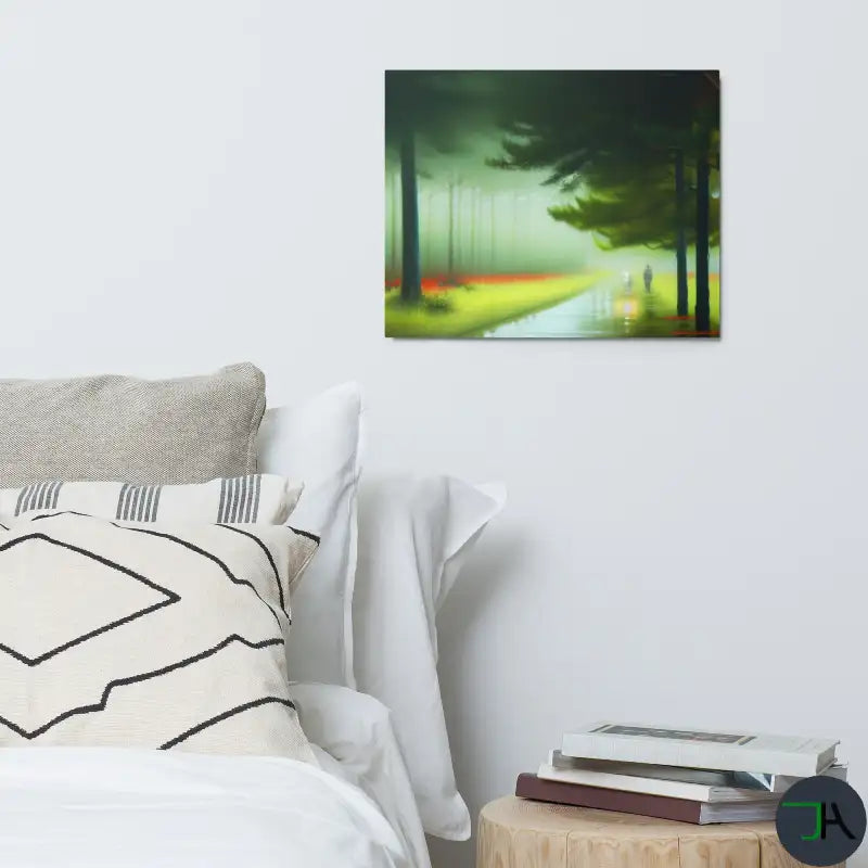 Embark on an Introspective Journey with the Enigmatic Japanese Foggy Pine Tree Road Metal Frame 16x20