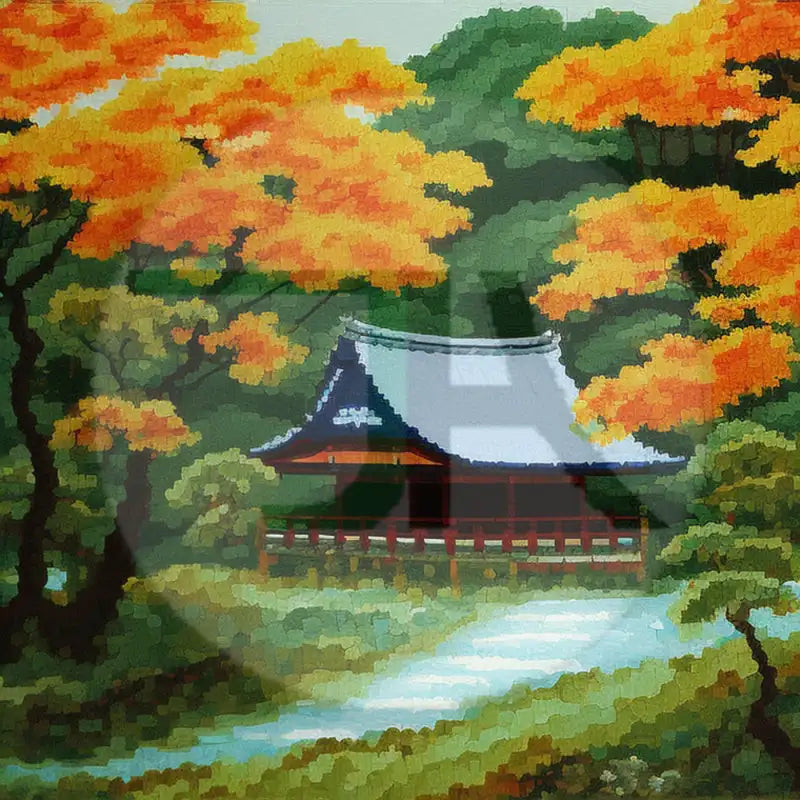 Tranquility and Autumn Splendor with our Japanese Stilt Mountain House Canvas Art Painting