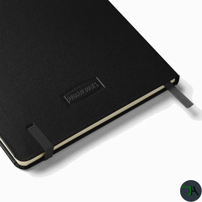 Black notebook with a visible brand logo on a white background