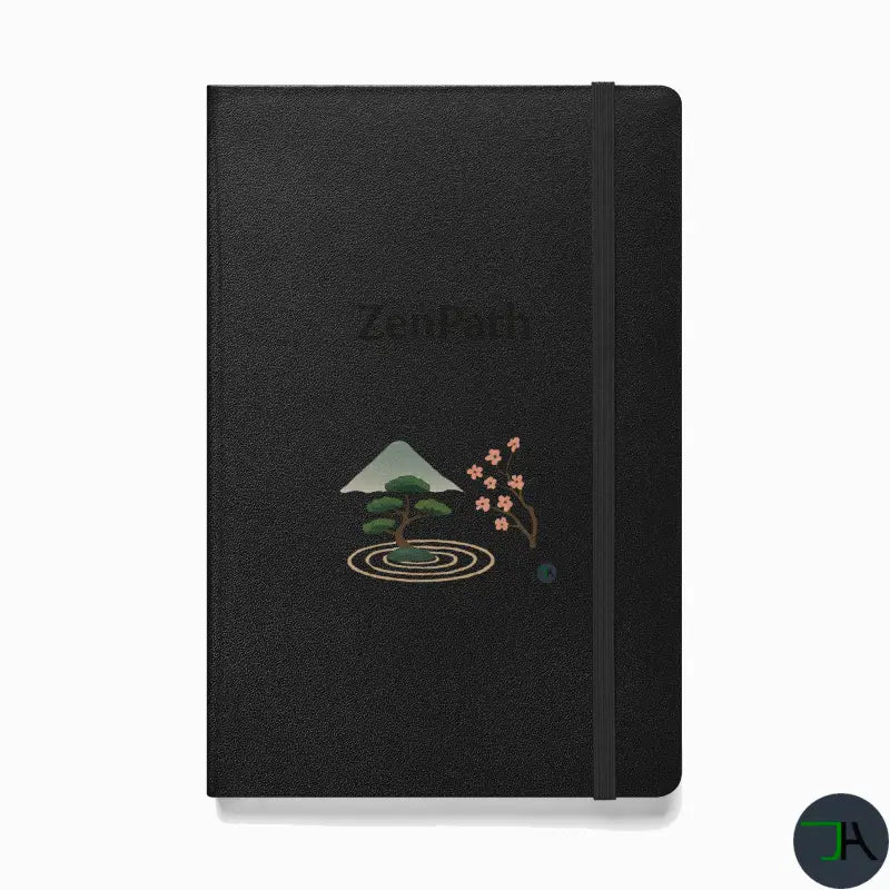 Black notebook with Zen Park design on a white background