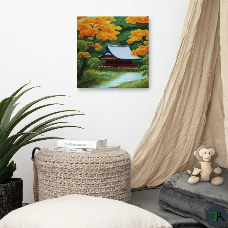 Tranquility and Autumn Splendor with our Japanese Stilt Mountain House Canvas 16x16