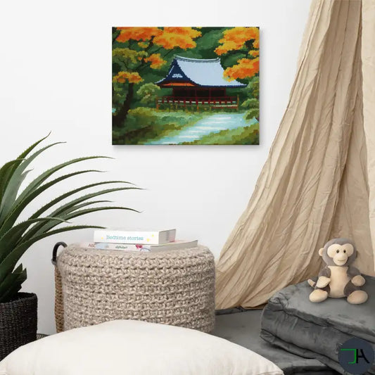Tranquility and Autumn Splendor with our Japanese Stilt Mountain House Canvas 16x20