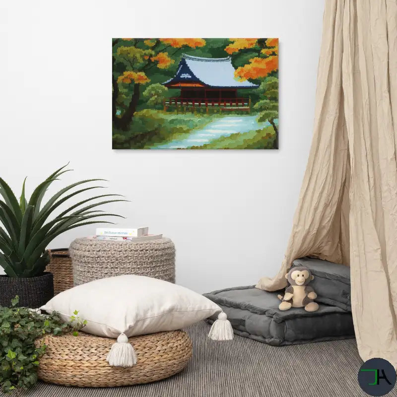 Tranquility and Autumn Splendor with our Japanese Stilt Mountain House Canvas 24x36