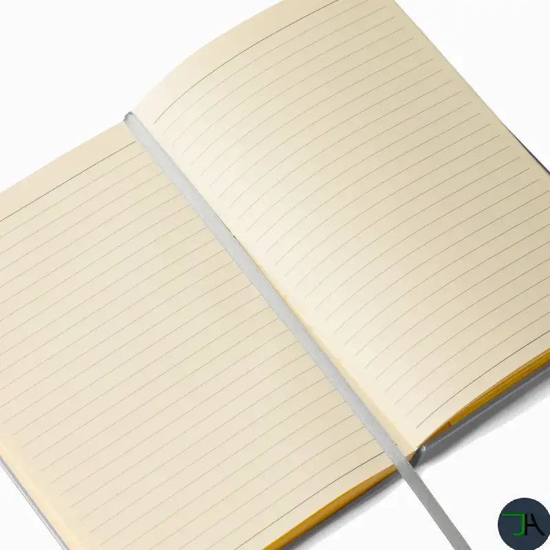 Open notebook with lined pages on a white background