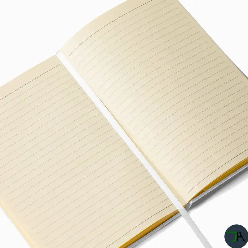 Open notebook with lined pages on a white background