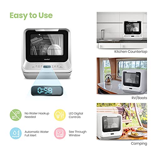 Lave-vaisselle de comptoir portatif ECozy, mini lave-vaisselle avec  réservoir d'eau de 5 l intégré, 5 programmes de lavage, fonction de séchage  supplémentaire pour appartements, camping et VR, blanc