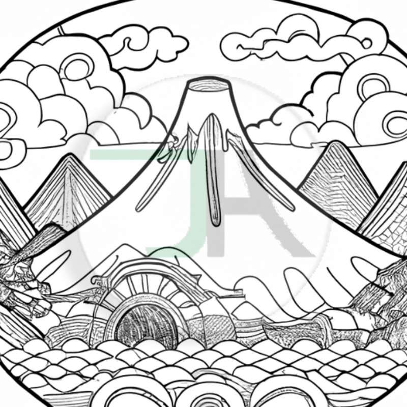 Coloring Pages for Adults and Kids - Theme Japanese Mount digital download volcano