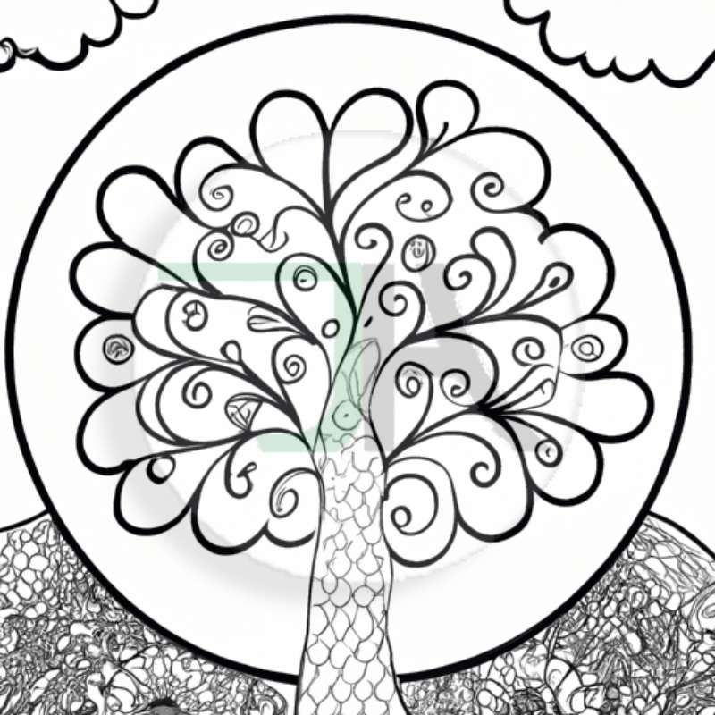 Coloring Pages for Adults and Kids - Theme Tree On Clouds abstract tree