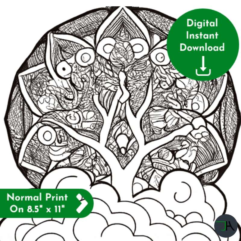 Coloring Pages for Adults and Kids - Theme Tree On Clouds digital download