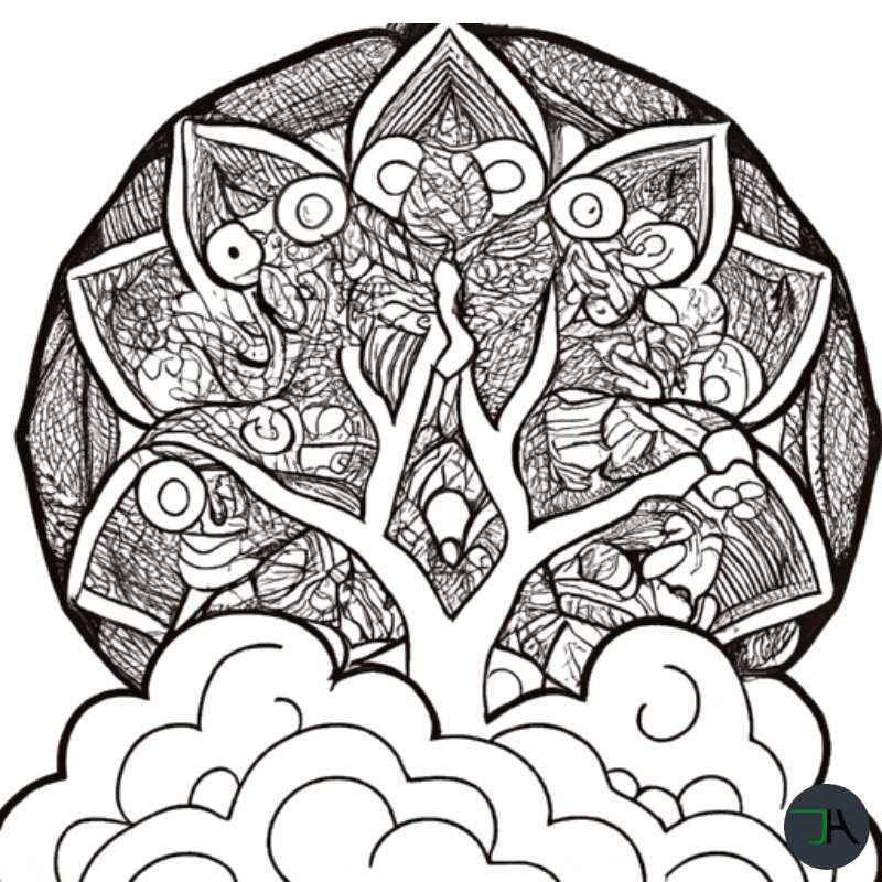 Coloring Pages for Adults and Kids - Theme Tree On Clouds